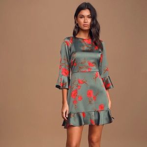 NWT Lulus Flare Game Sage Green Floral Satin Flounce Sleeve Mini Dress